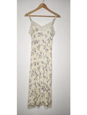 Vintage Two of Us Womens Small Yellow Rayon Floral Lace Trim Maxi Dress